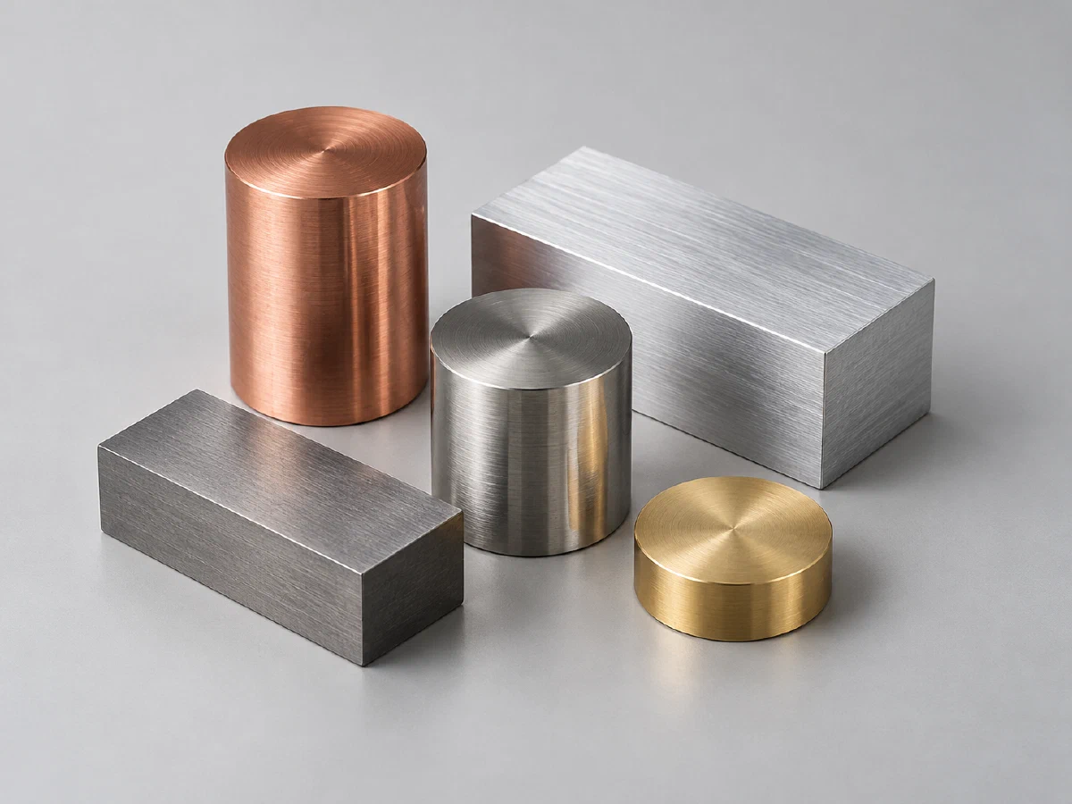 Studio-style illustration of precision-machined metal cylinders, rectangular blocks and a brass-colored disk